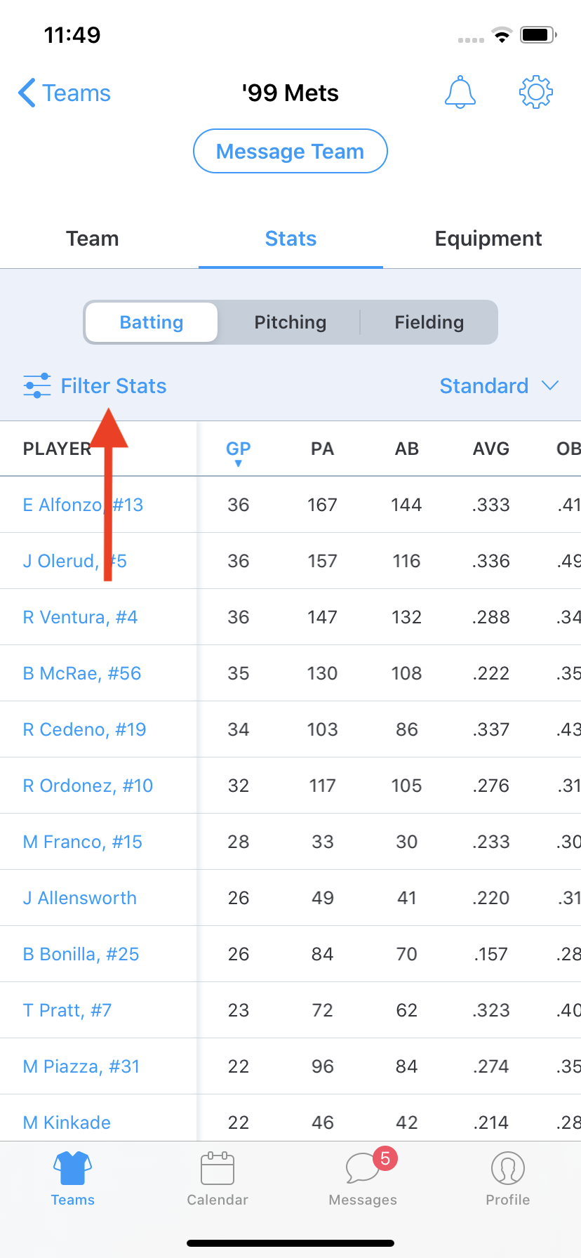 Stat Filters Team Manager